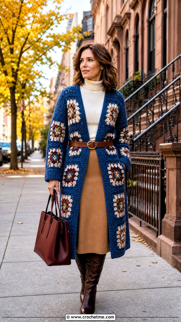 Long Chunky Granny Square Cardigan With Turtleneck And Midi Skirt - 35 Chunky Granny Square Cardigan outfit ideas