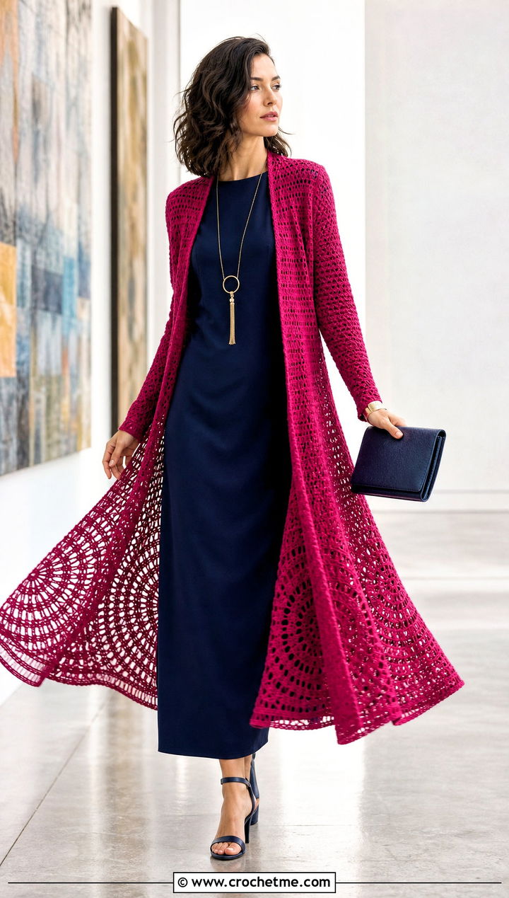 Long Circle Cardigan With Column Dress - 30 crochet circle cardigan outfit ideas
