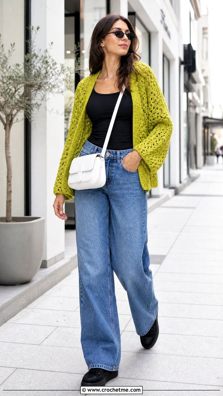 Long Cocoon Crochet Shrug With Wide Leg Jeans - 35 easy crochet shrug outfit ideas
