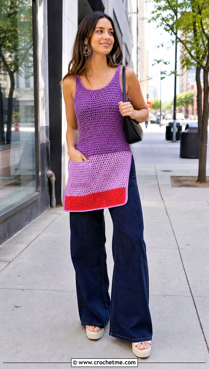 Long Color Block Crochet Tank Top With Wide Leg Jeans - 20 Crochet Long Tank Top outfit ideas