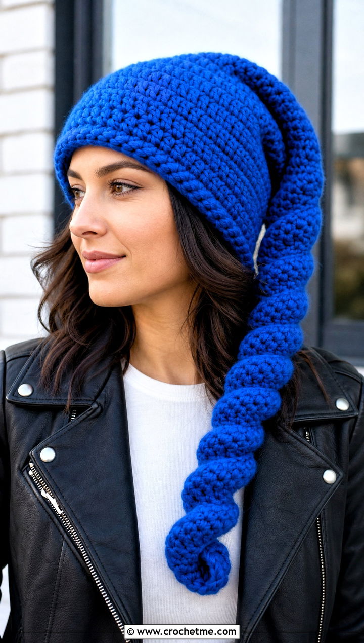 Long Corkscrew Tail Crochet Hat With Biker Outfit - 25 Long Crochet Hat outfit ideas