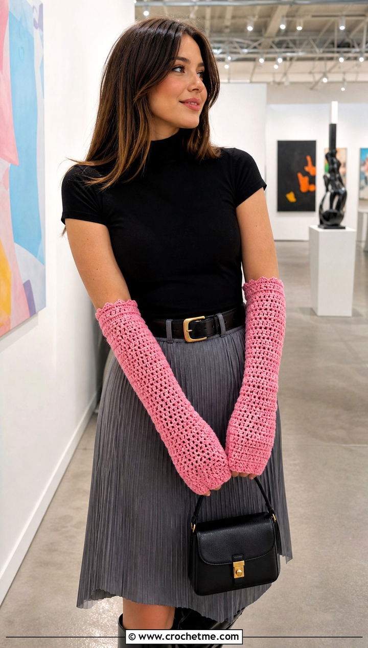 Long Crochet Arm Warmer Mitts With Maxi Skirt - 30 crochet half gloves fingerless mitts outfit ideas