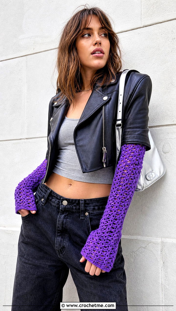 Long Crochet Arm Warmers With Leather Jacket - 25 Diy Crochet Fingerless Gloves outfit ideas