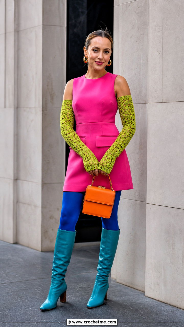 Long Crochet Arm Warmers With Mini Dress - 35 crochet gloves outfit ideas