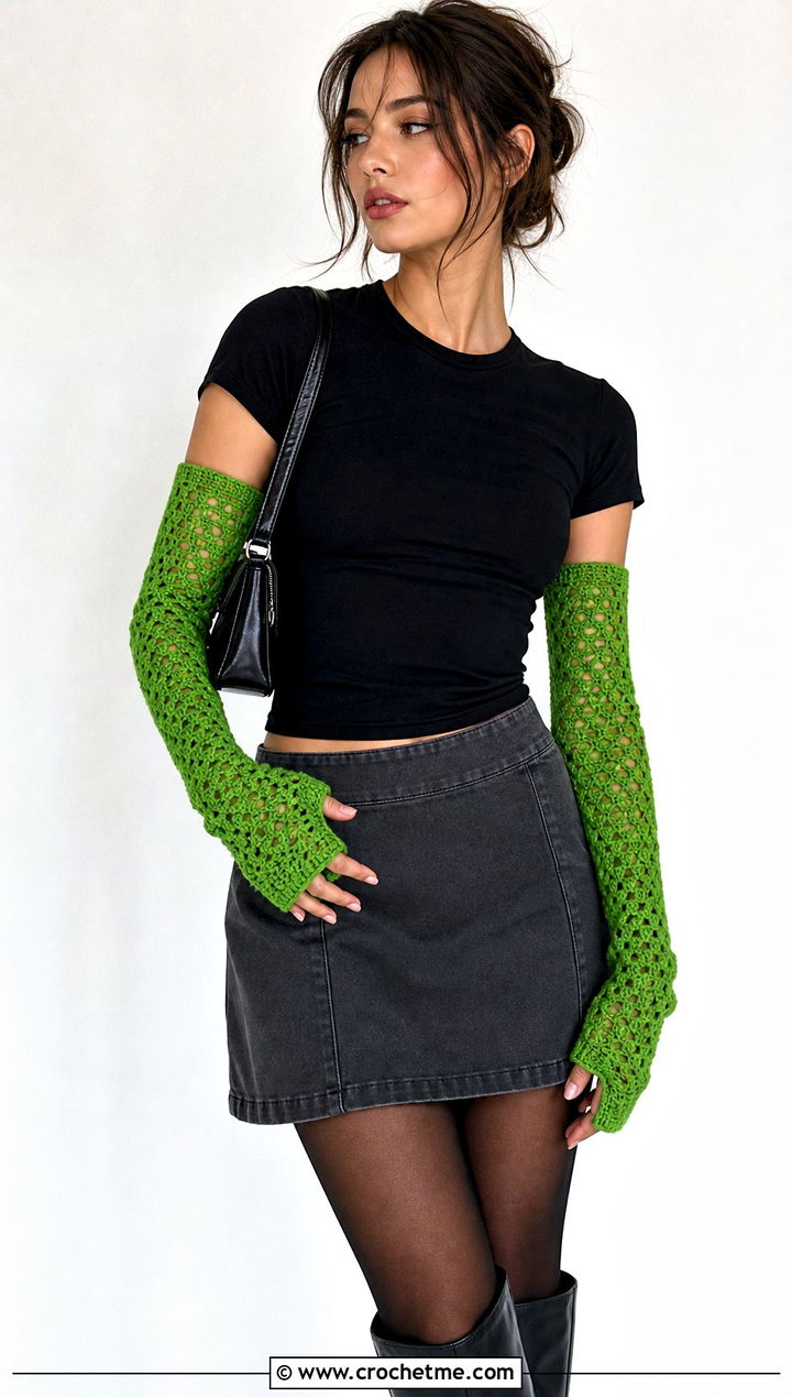 Long Crochet Arm Warmers With Mini Skirt - 25 Crochet For Fingerless Gloves outfit ideas