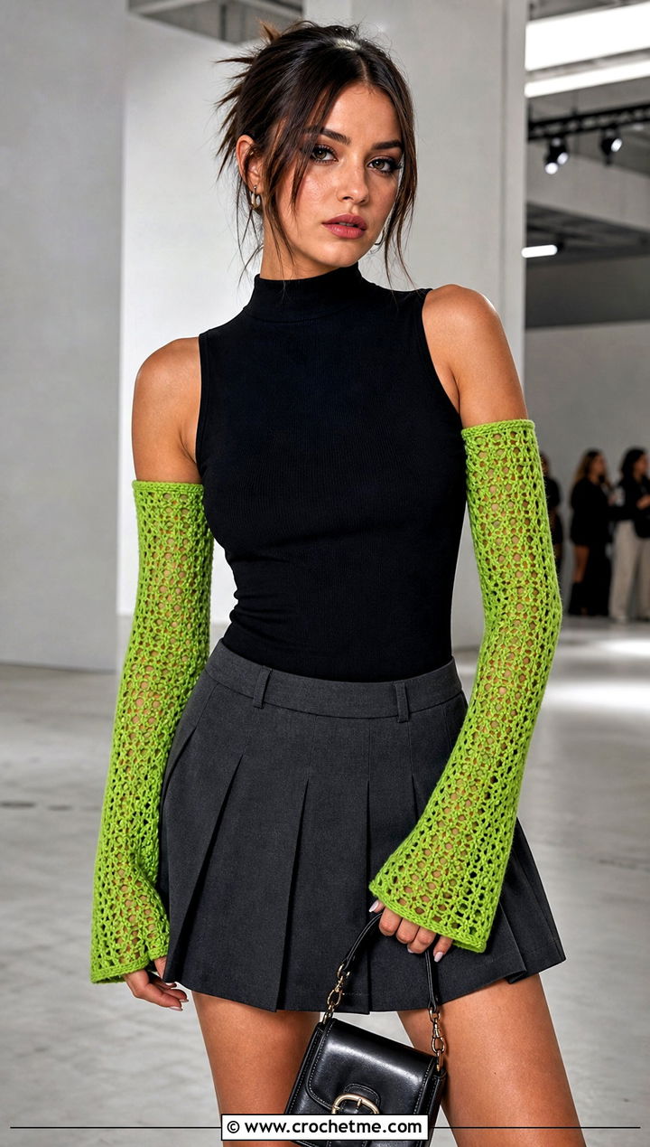 Long Crochet Arm Warmers With Mini Skirt - 30 aesthetic crochet gloves outfit ideas