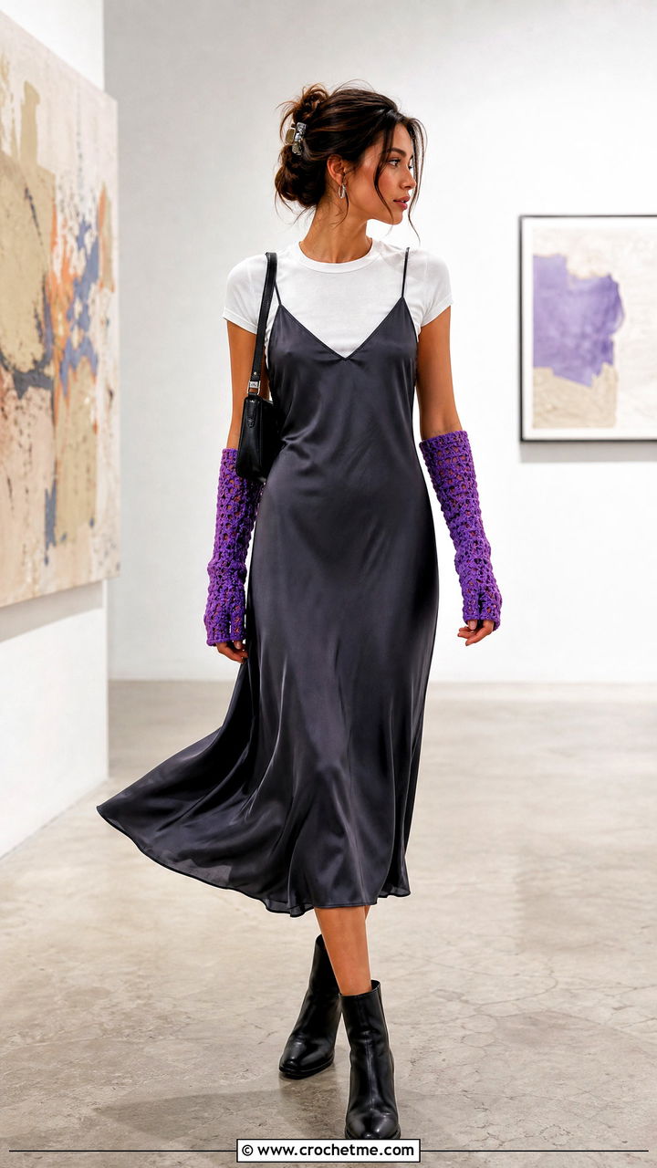 Long Crochet Arm Warmers With Slip Dress - 35 easy crochet fingerless gloves outfit ideas
