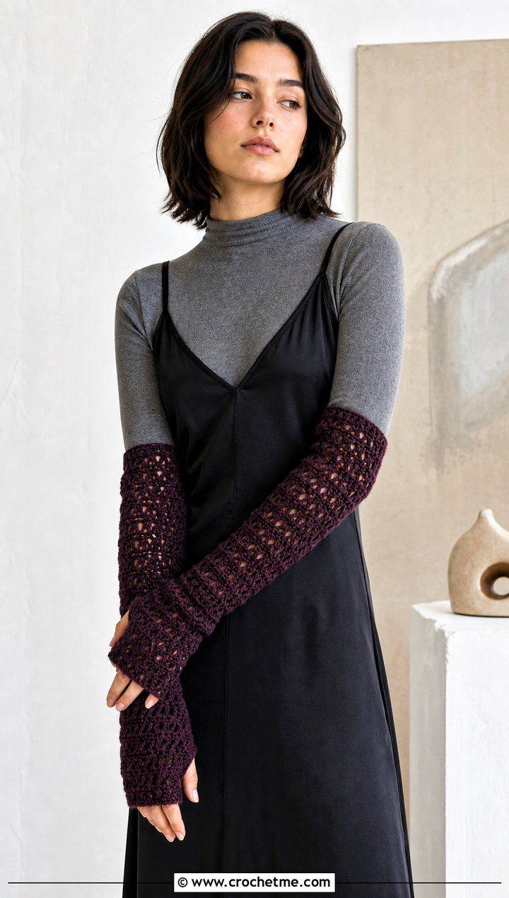 Long Crochet Arm Warmers With Slip Dress - 25 crocheted gloves outfit ideas