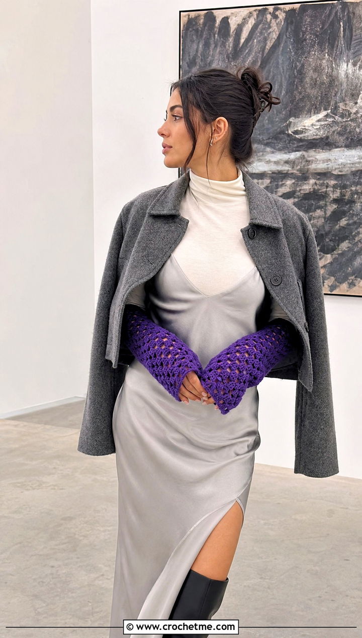 Long Crochet Arm Warmers With Slip Dress And Boots - 15 Crochet Tipless Gloves outfit ideas