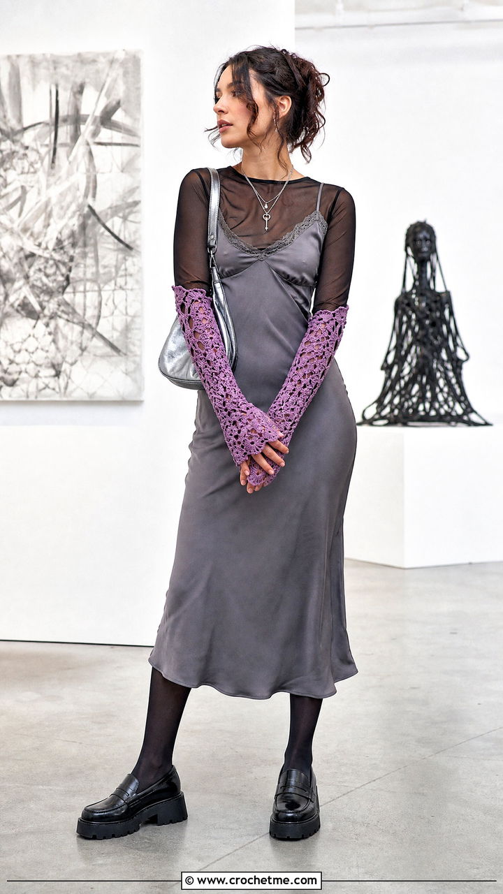 Long Crochet Arm Warmers With Slip Dress - 35 crochet hand warmers outfit ideas