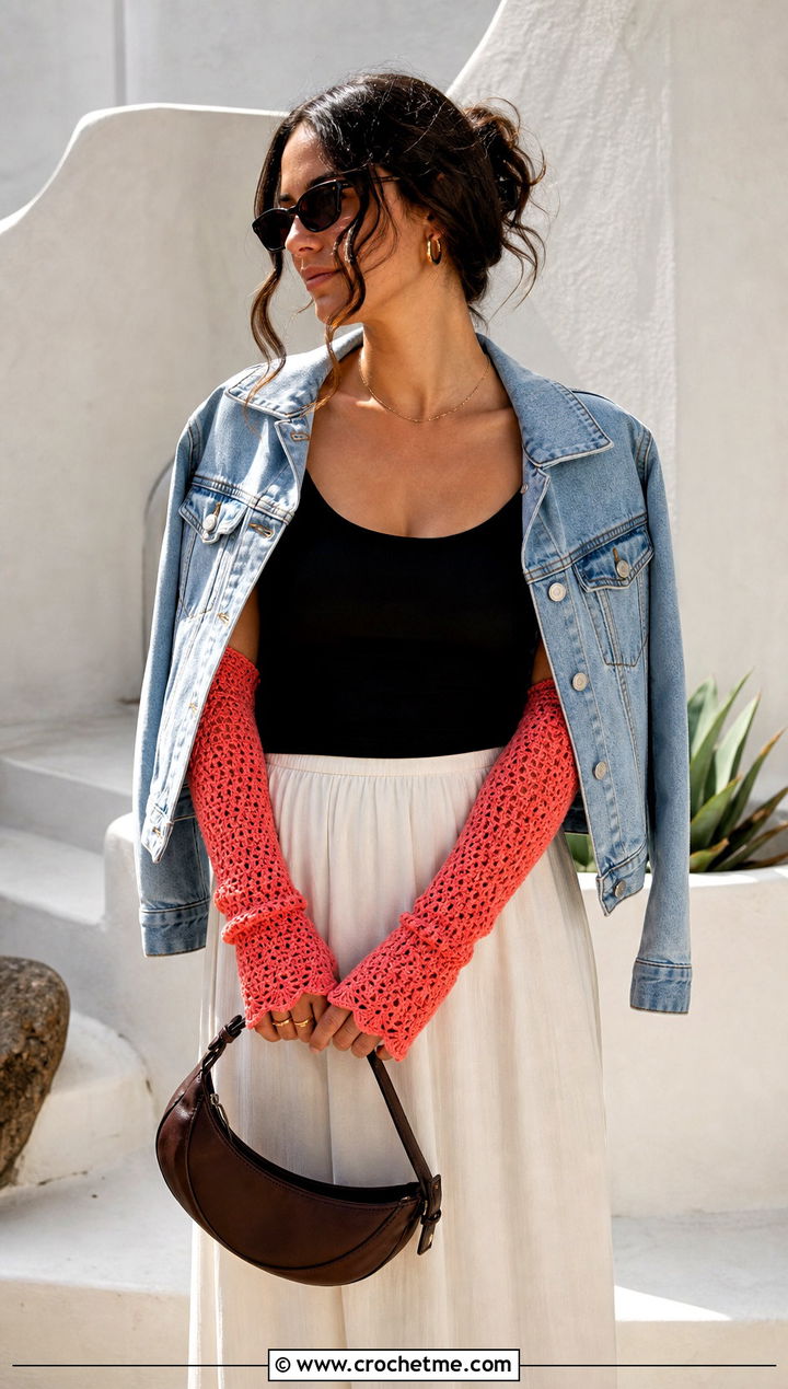Long Crochet Arm Warmers With Tank Top And Maxi Skirt - 25 Simple Crochet Fingerless Gloves outfit ideas