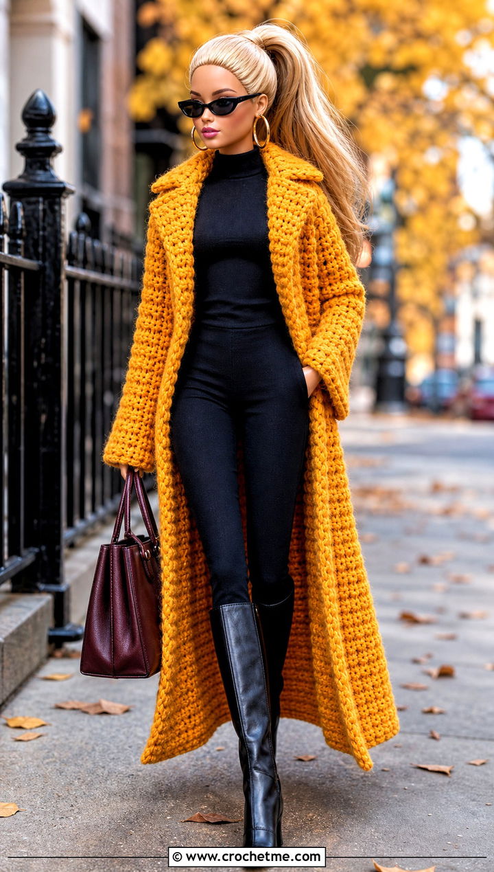 Long Crochet Barbie Coat With Bodysuit And Leggings - 25 easy crochet barbie doll clothes and outfit ideas