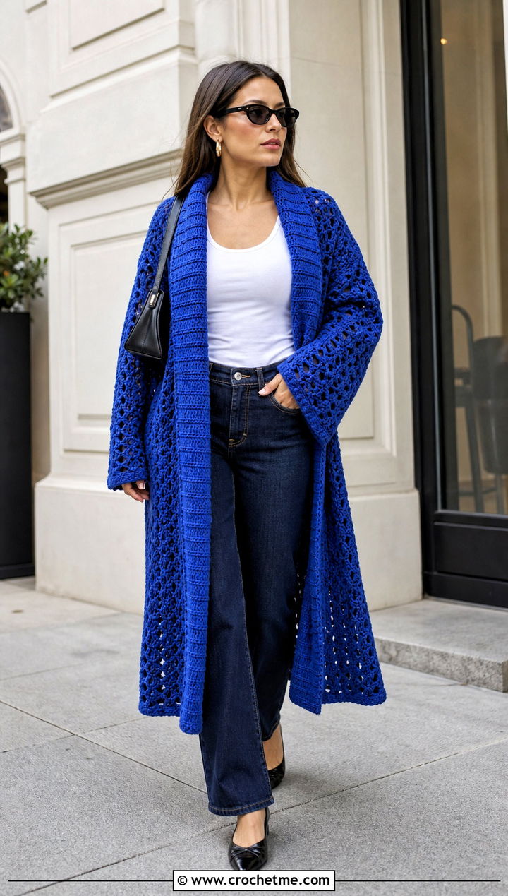 Long Crochet Bathrobe With Jeans - 30 crochet bathrobe outfit ideas