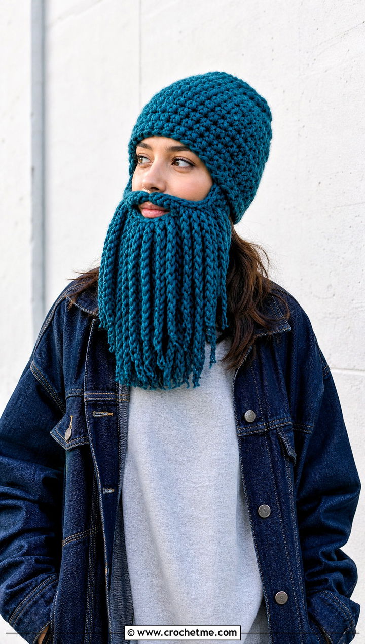 Long Crochet Beard Beanie With Denim Jacket - 15 Crochet Hat With Beard outfit ideas