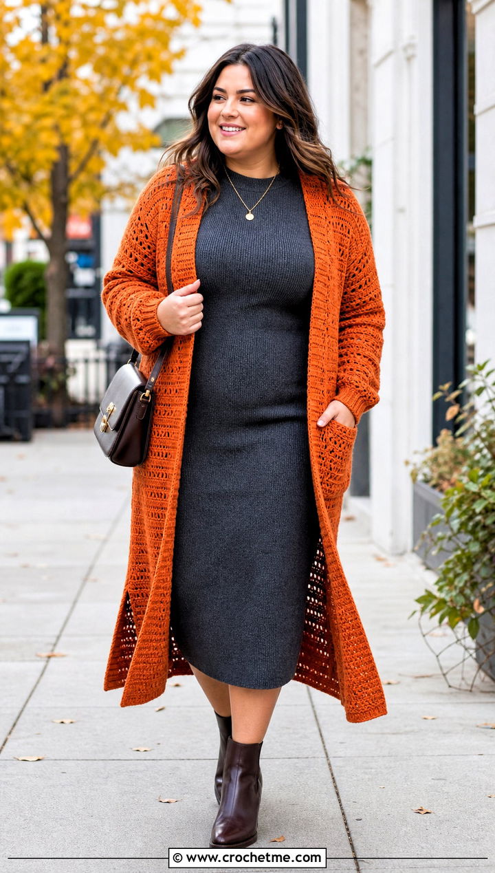 Long Crochet Cardigan With Knit Dress And Boots - 35 plus size crochet outfit ideas