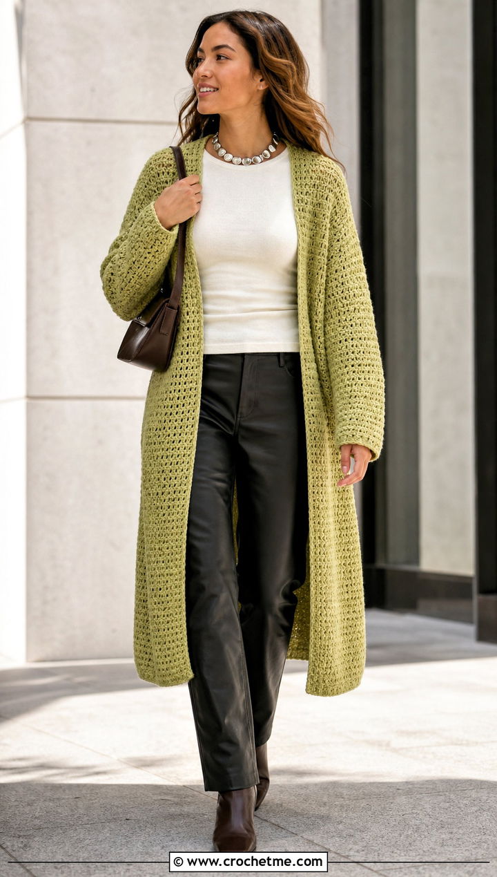 Long Crochet Cardigan With Leather Pants - 25 winter crochet outfit ideas