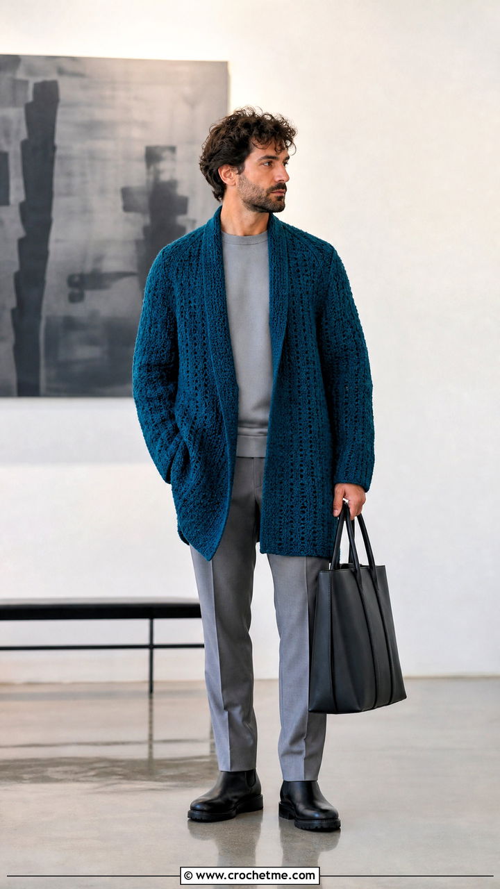 Long Crochet Cardigan With Monochrome Basics - 35 crochet outfits for men outfit ideas