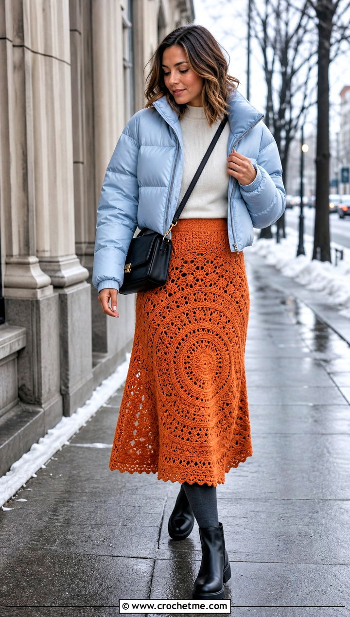 Long Crochet Circle Skirt With Puffer Jacket - 25 crochet circle skirt outfit ideas