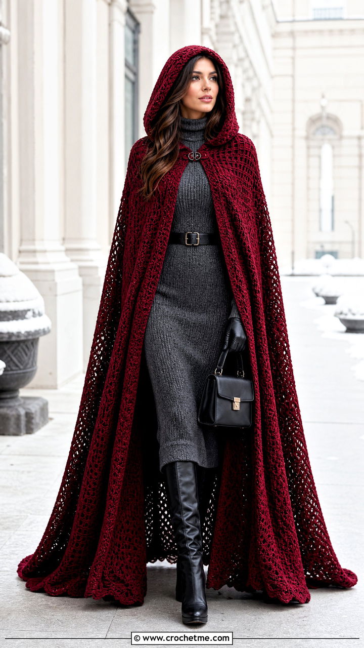 Long Crochet Cloak Cape With A Knit Dress - 35 crochet cape outfit ideas