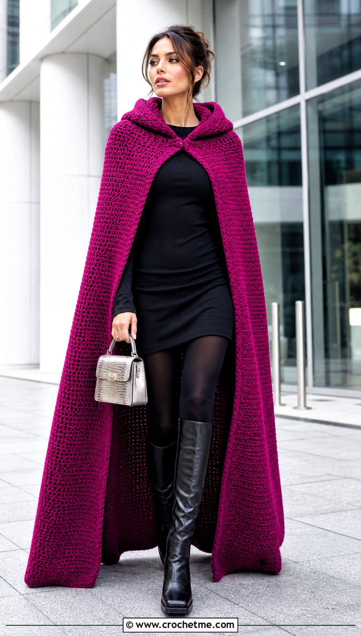 Long Crochet Cloak Cape With Mini Dress - 15 diy crochet cape outfit ideas
