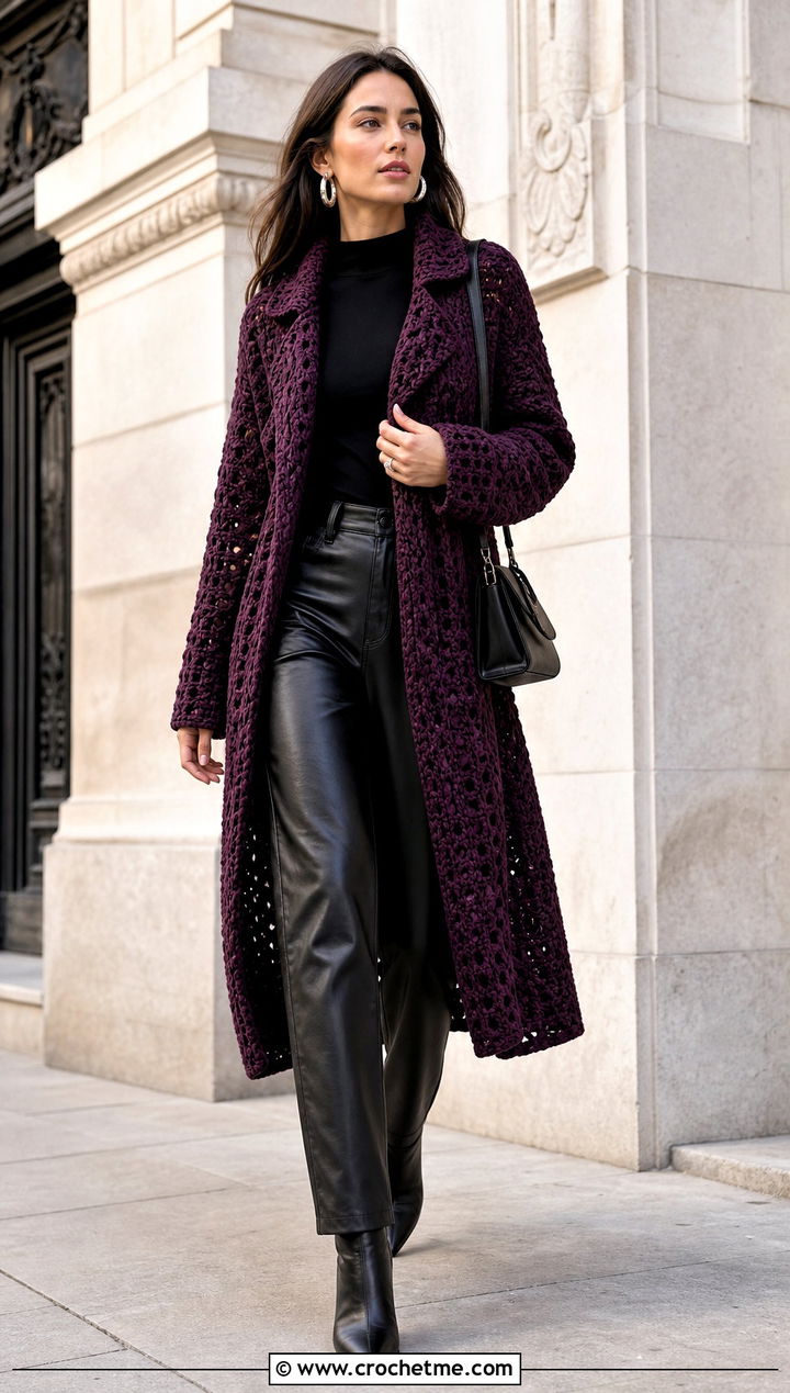 Long Crochet Coat Jacket With Leather Pants - 15 crochet jacket for beginners outfit ideas