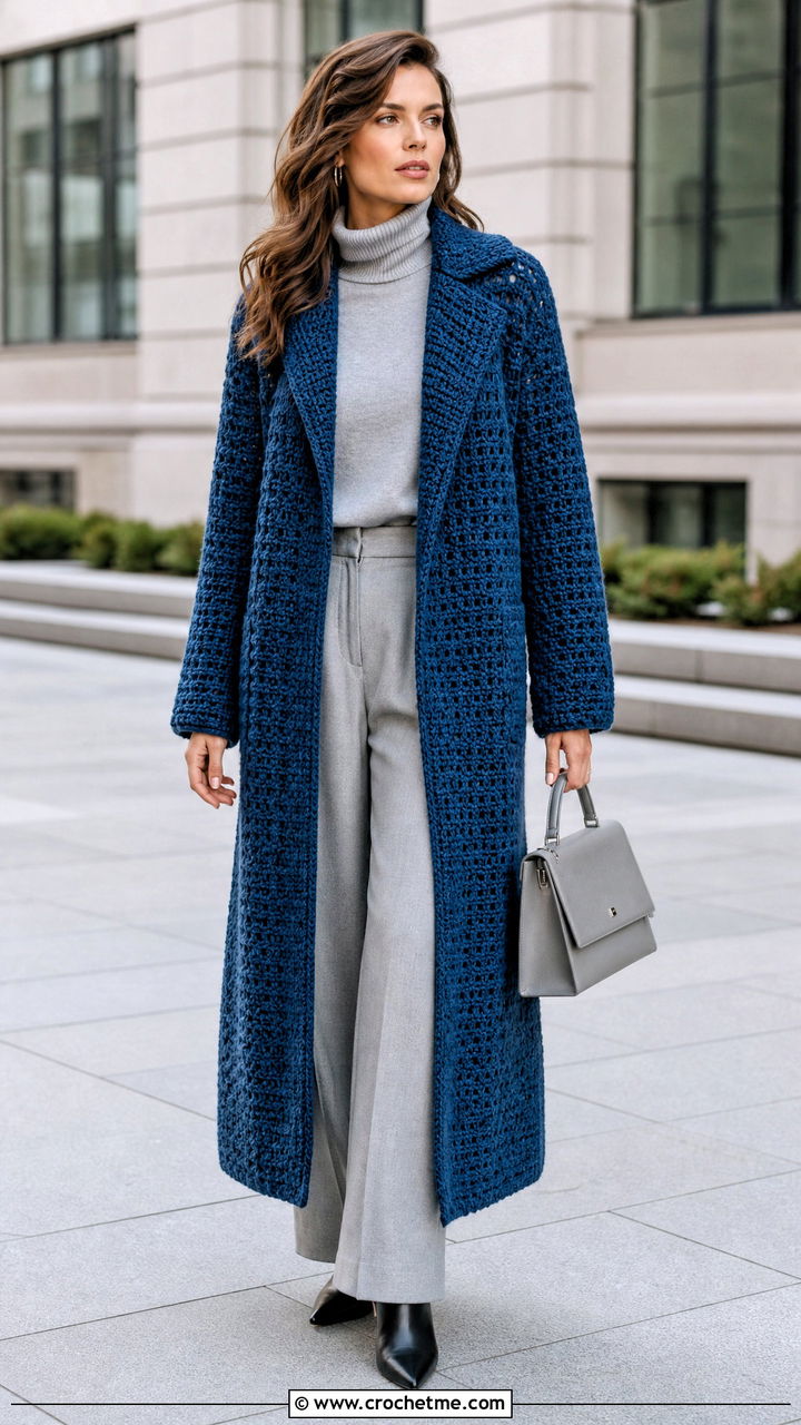 Long Crochet Coat With Monochrome Base Layers - 35 autumn crochet clothes and outfit ideas