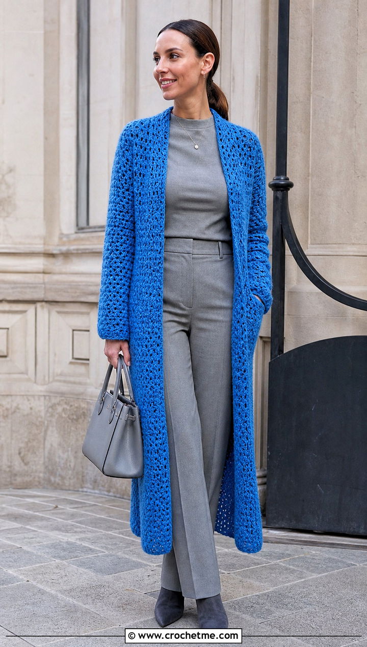 Long Crochet Coat With Monochrome Base Outfit - 35 whimsical crochet clothes and outfit ideas