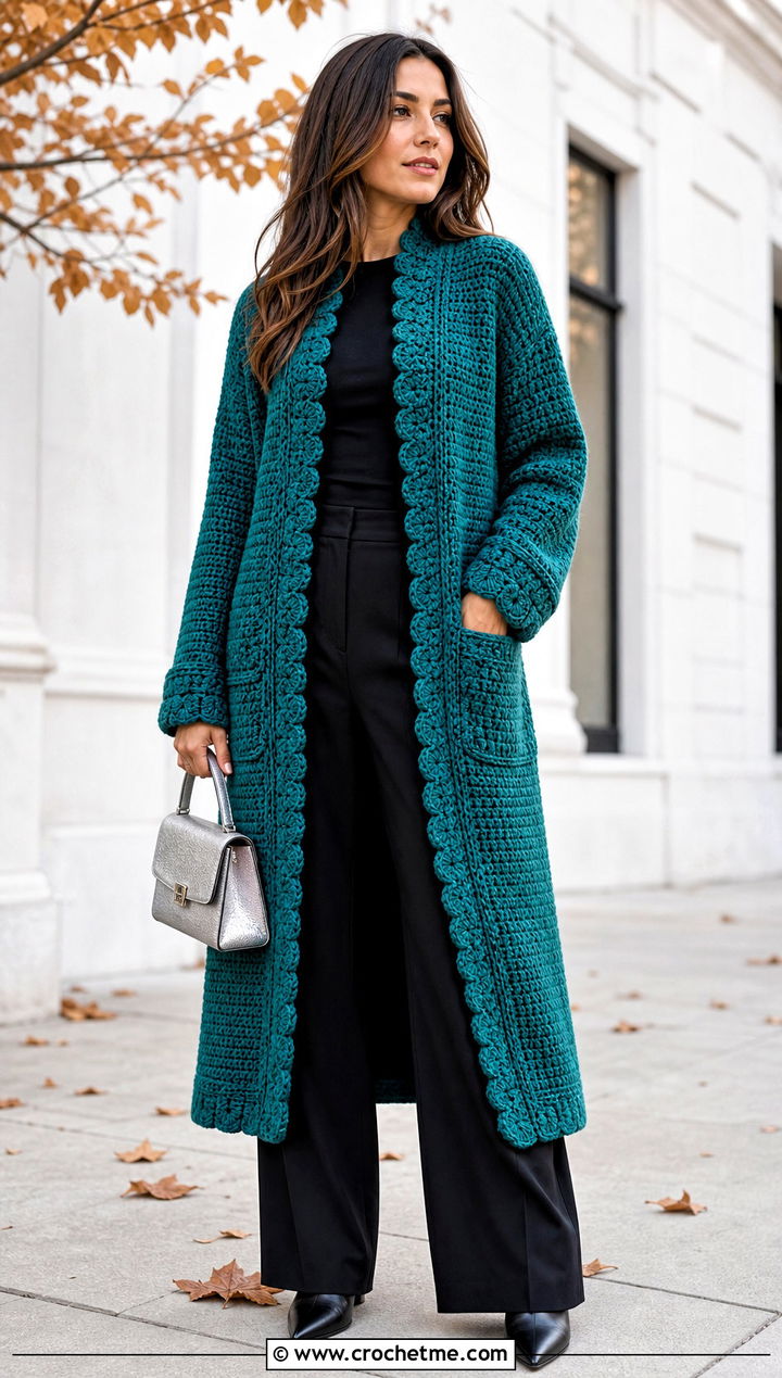 Long Crochet Coat With Monochrome Outfit - 15 Crochet Diy Clothes Ideas