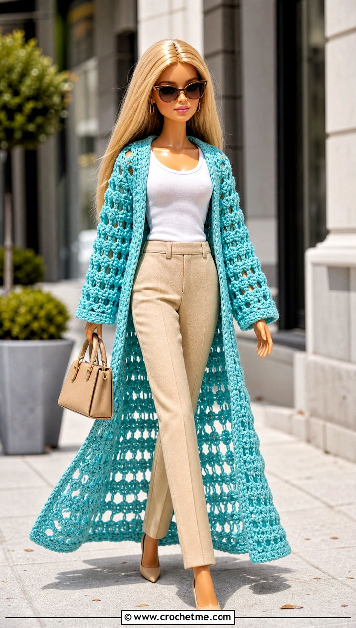 Long Crochet Doll Duster With A Tank And Trousers - 30 crochet doll jacket outfit ideas