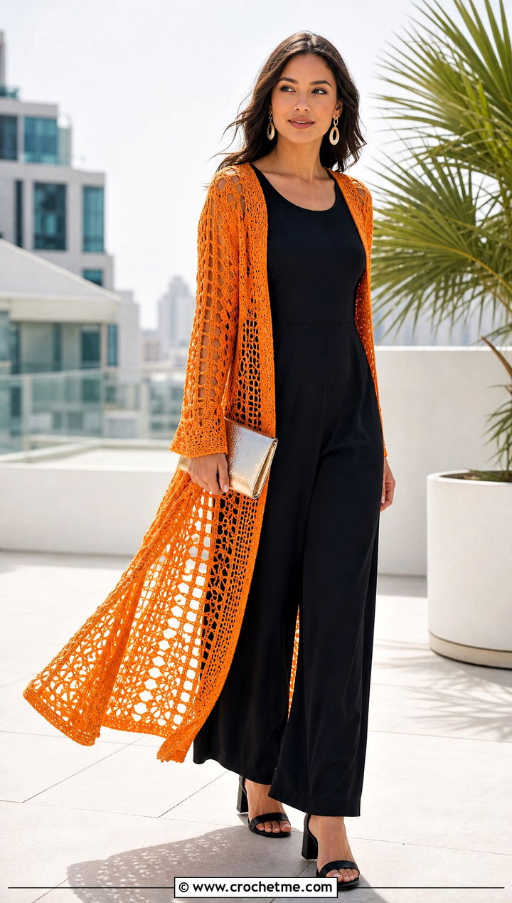 Long Crochet Duster Cover Up With Black Jumpsuit - 30 easy crochet cover up outfit ideas