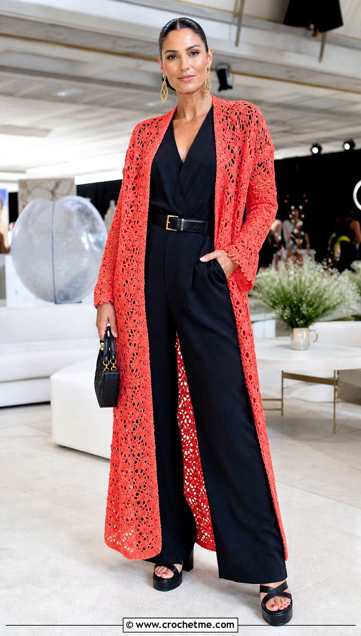 Long Crochet Duster Jacket With Black Jumpsuit - 35 crocheted jacket outfit ideas