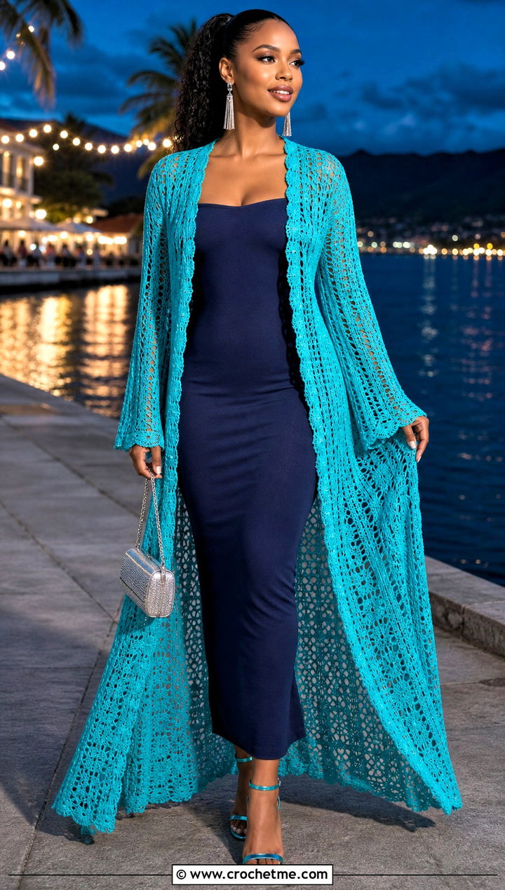 Long Crochet Duster With A Column Dress - 35 Crochet Jamaican Outfit ideas