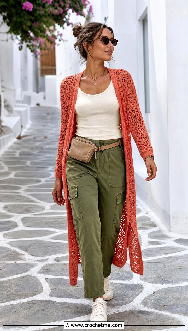 Long Crochet Duster With Cargo Pants - 25 women crochet clothes and outfit ideas
