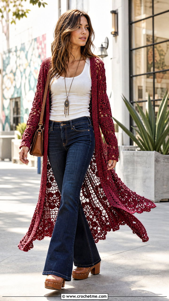 Long Crochet Duster With Flare Jeans - 35 aesthetic crochet clothes and outfit ideas
