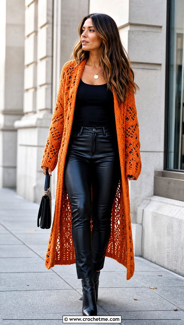 Long Crochet Duster With Leather Pants - 25 cool crochet clothes and outfit ideas