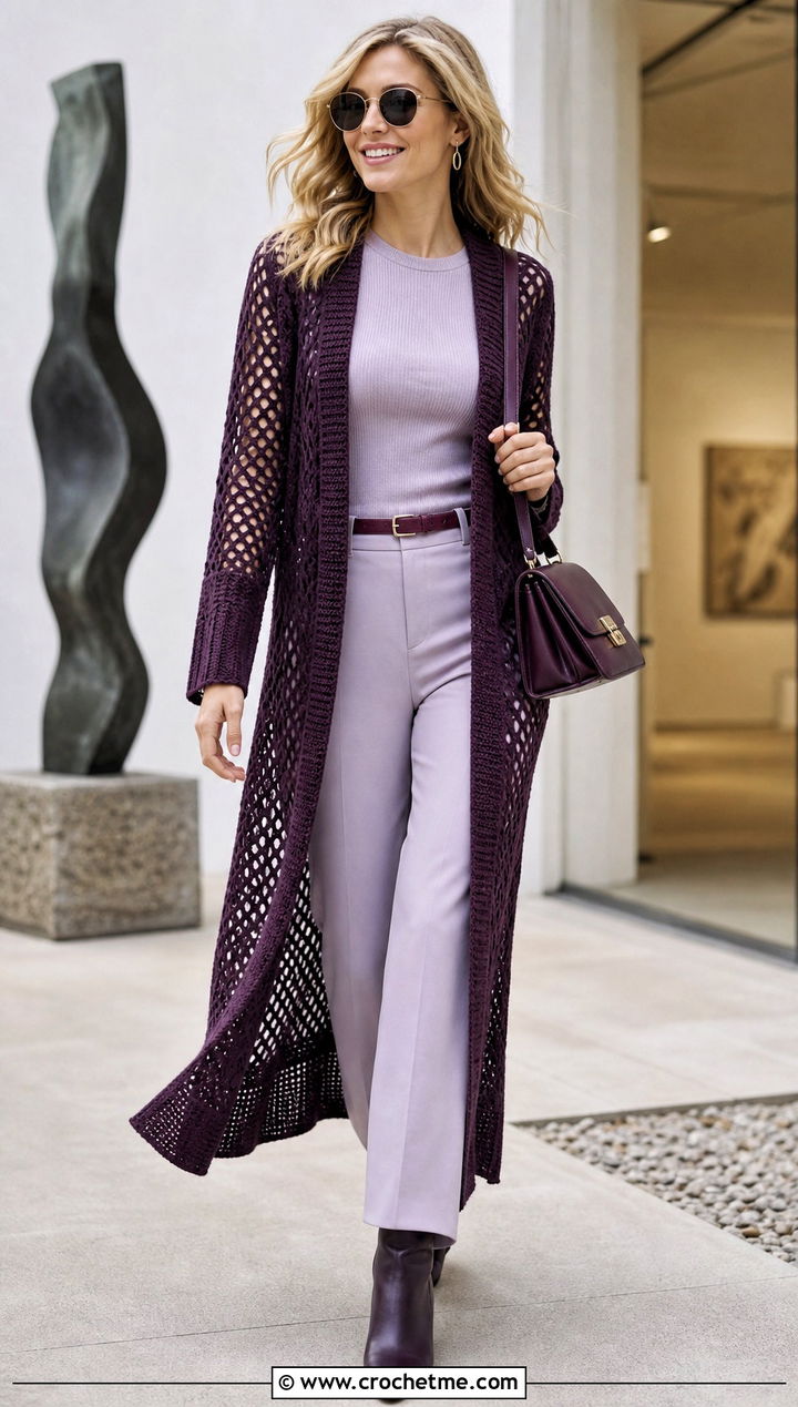 Long Crochet Duster With Monochrome Knit Set - 30 Fall Crochet Clothes Ideas