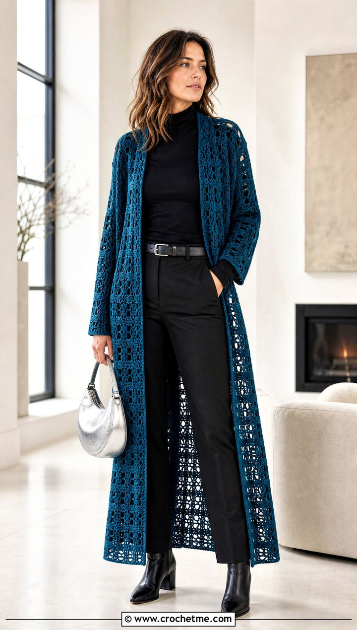 Long Crochet Duster With Monochrome Layers - 30 crochet clothes for winter outfit ideas