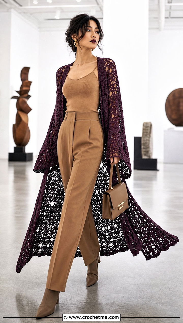 Long Crochet Duster With Monochrome Suit - 30 anime inspired crochet clothes and outfit ideas