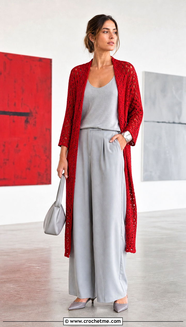 Long Crochet Duster With Monochrome Tank And Pants - 25 easy clothes to crochet outfit ideas