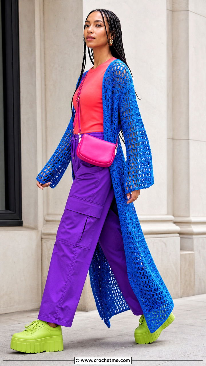Long Crochet Duster With T Shirt And Cargo Pants - 35 crochet clothing and accessories ideas