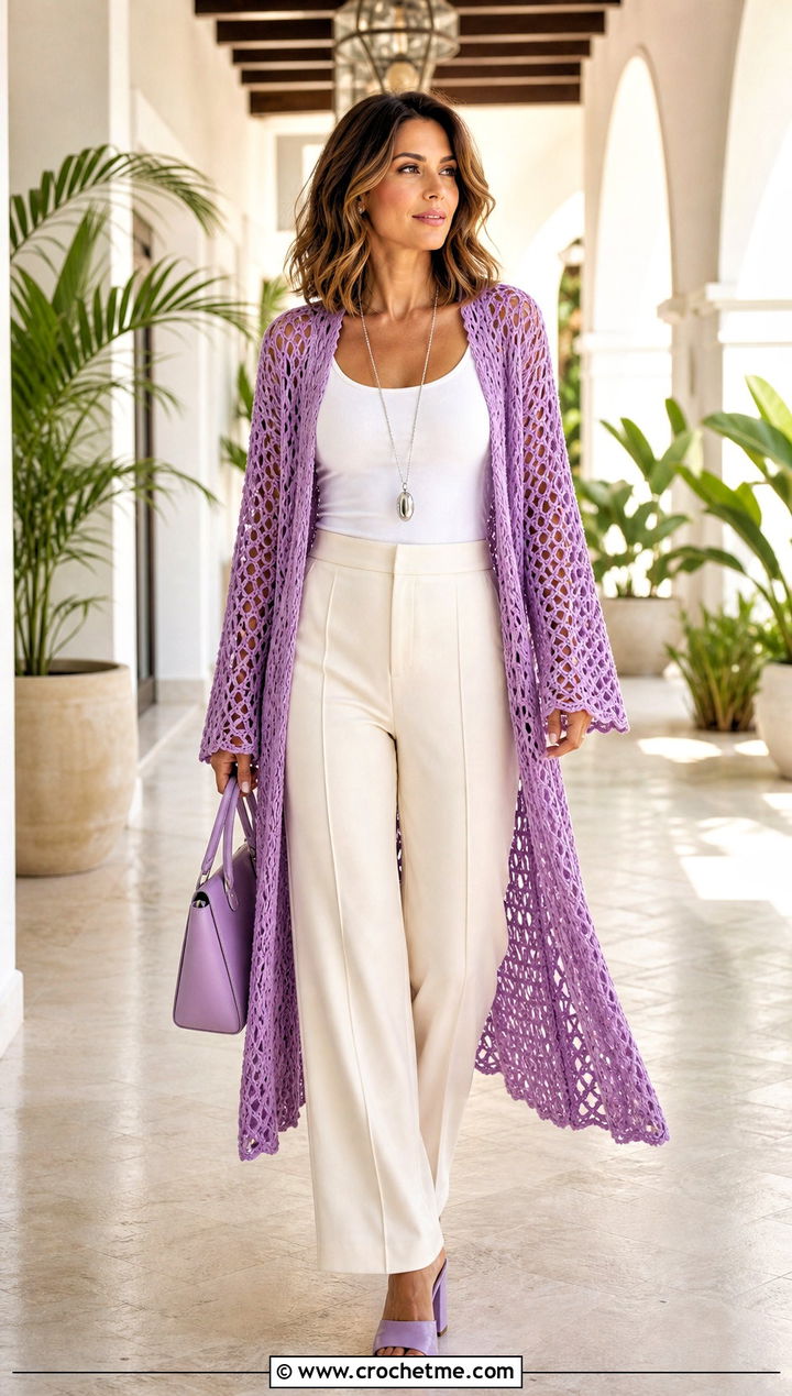 Long Crochet Duster With Tank Top And Trousers - 25 trendy crochet clothes and outfit ideas