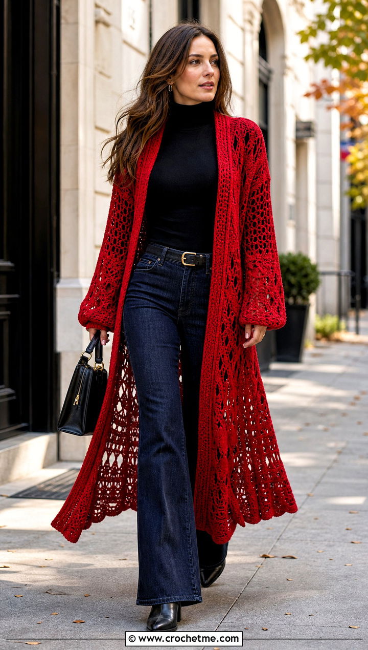 Long Crochet Duster With Turtleneck And Flared Jeans - 30 crochet fall outfits ideas