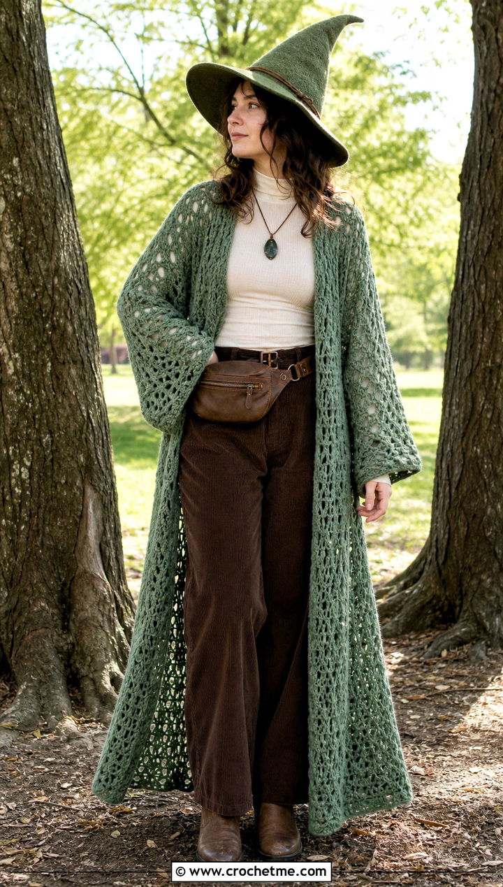 Long Crochet Duster Woodland Wizard Outfit - 30 crochet halloween outfit ideas
