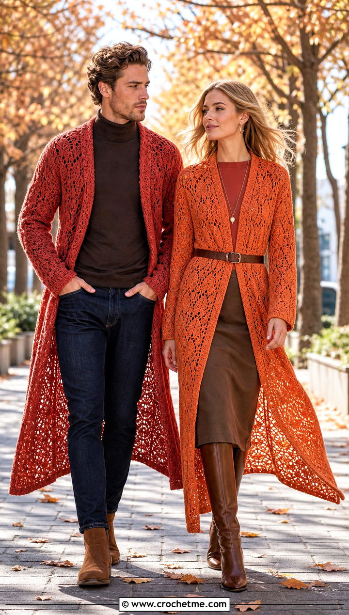 Long Crochet Dusters With Fall Layers - 30 couples crochet outfit ideas