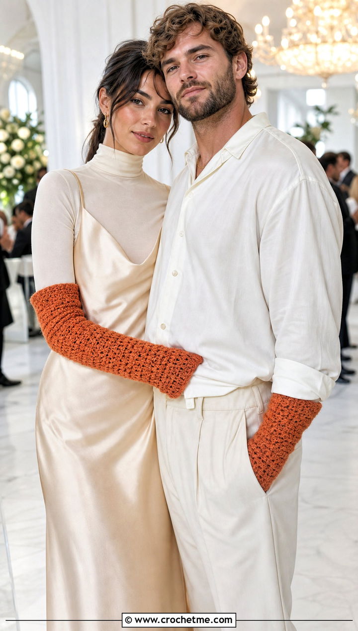 Long Crochet Gauntlet Gloves With Slip Dress Outfits - 25 Crochet Gloves For Couples outfit ideas