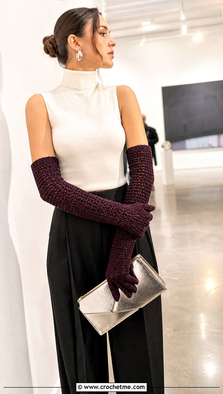 Long Crochet Gauntlet Gloves With Wide Leg Trousers - 25 finger less crochet gloves outfit ideas
