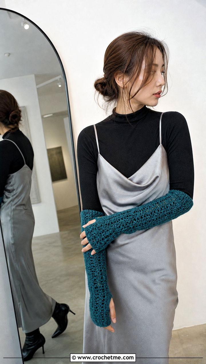 Long Crochet Gauntlet Mittens With Slip Dress - 30 crochet hand mittens outfit ideas