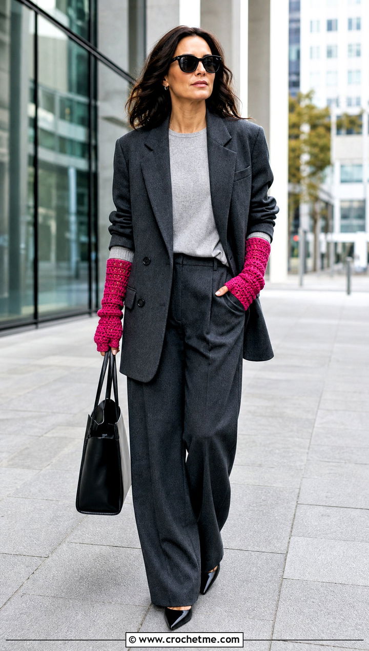 Long Crochet Gauntlet Wrist Warmers With Blazer - 35 crochet wrist warmers outfit ideas