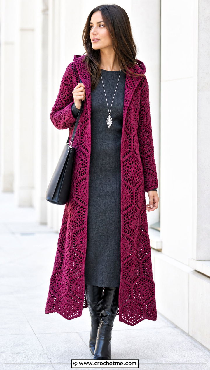 Long Crochet Hexagon Hoodie With Knit Dress - 30 crochet hexagon hoodie outfit ideas