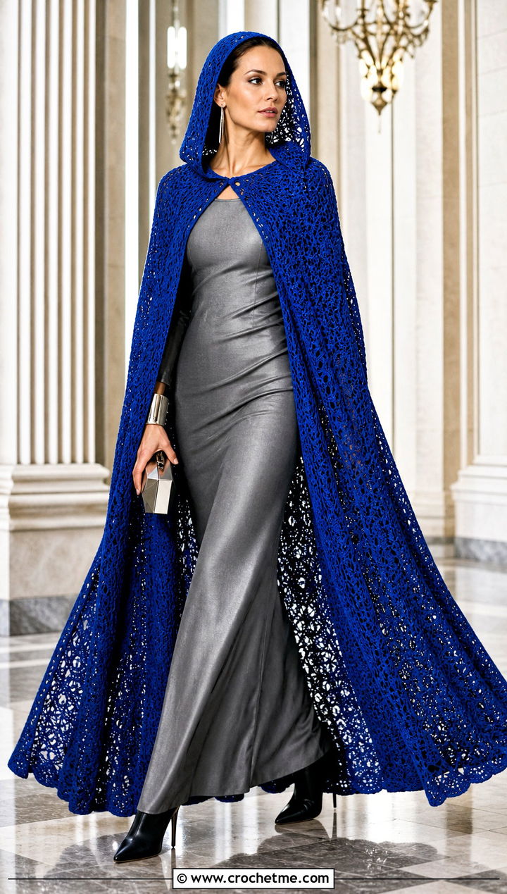 Long Crochet Hooded Cloak With Column Dress - 35 crochet hooded cape outfit ideas